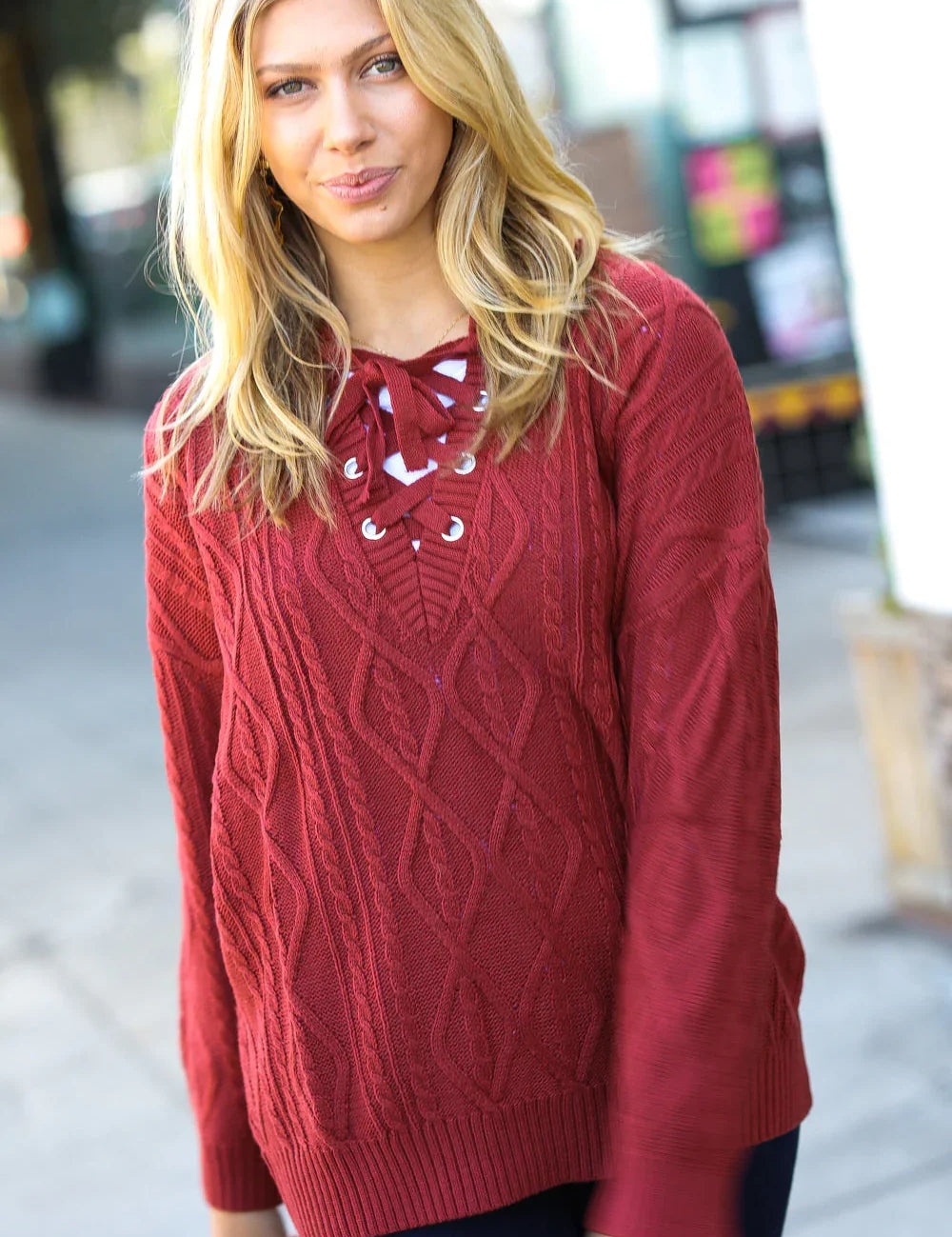 Fall Vibes Rust Cable Knit Lace Up V Neck Sweater | Daverri Fashions