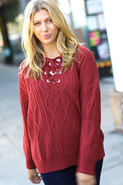 Fall Vibes Rust Cable Knit Lace Up V Neck Sweater | Daverri Fashions