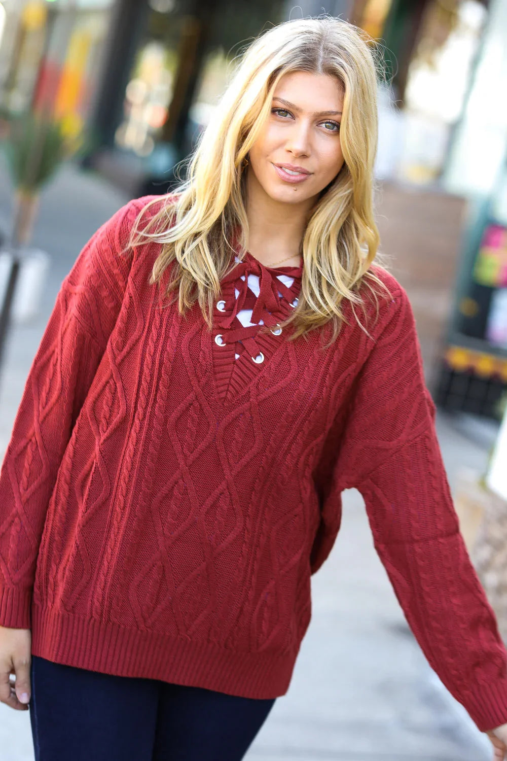 Fall Vibes Rust Cable Knit Lace Up V Neck Sweater | Daverri Fashions