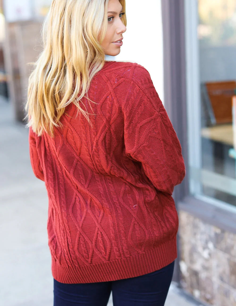 Fall Vibes Rust Cable Knit Lace Up V Neck Sweater | Daverri Fashions
