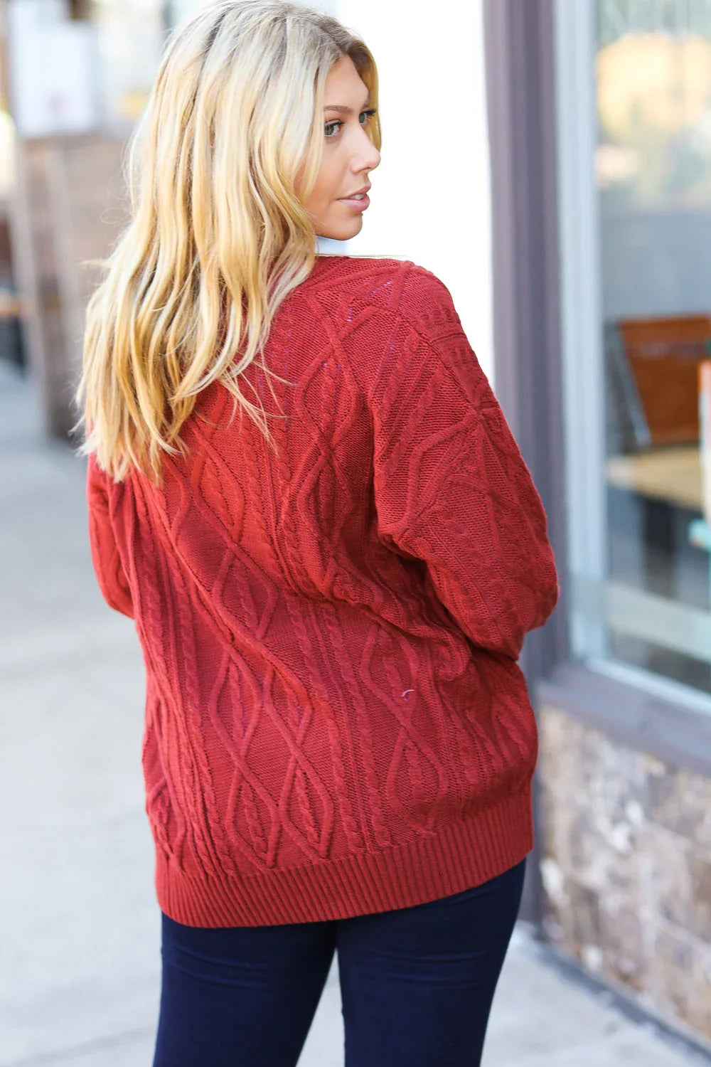 Fall Vibes Rust Cable Knit Lace Up V Neck Sweater | Daverri Fashions