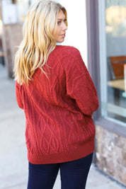 Fall Vibes Rust Cable Knit Lace Up V Neck Sweater | Daverri Fashions