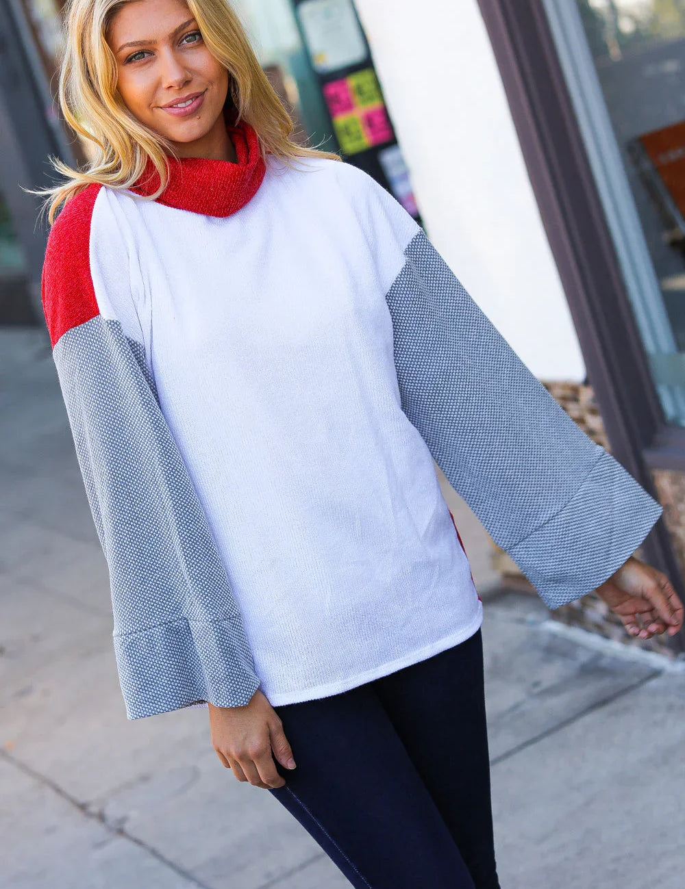 White Hacci Color Block Jacquard Knit Turtleneck | Daverri Fashions