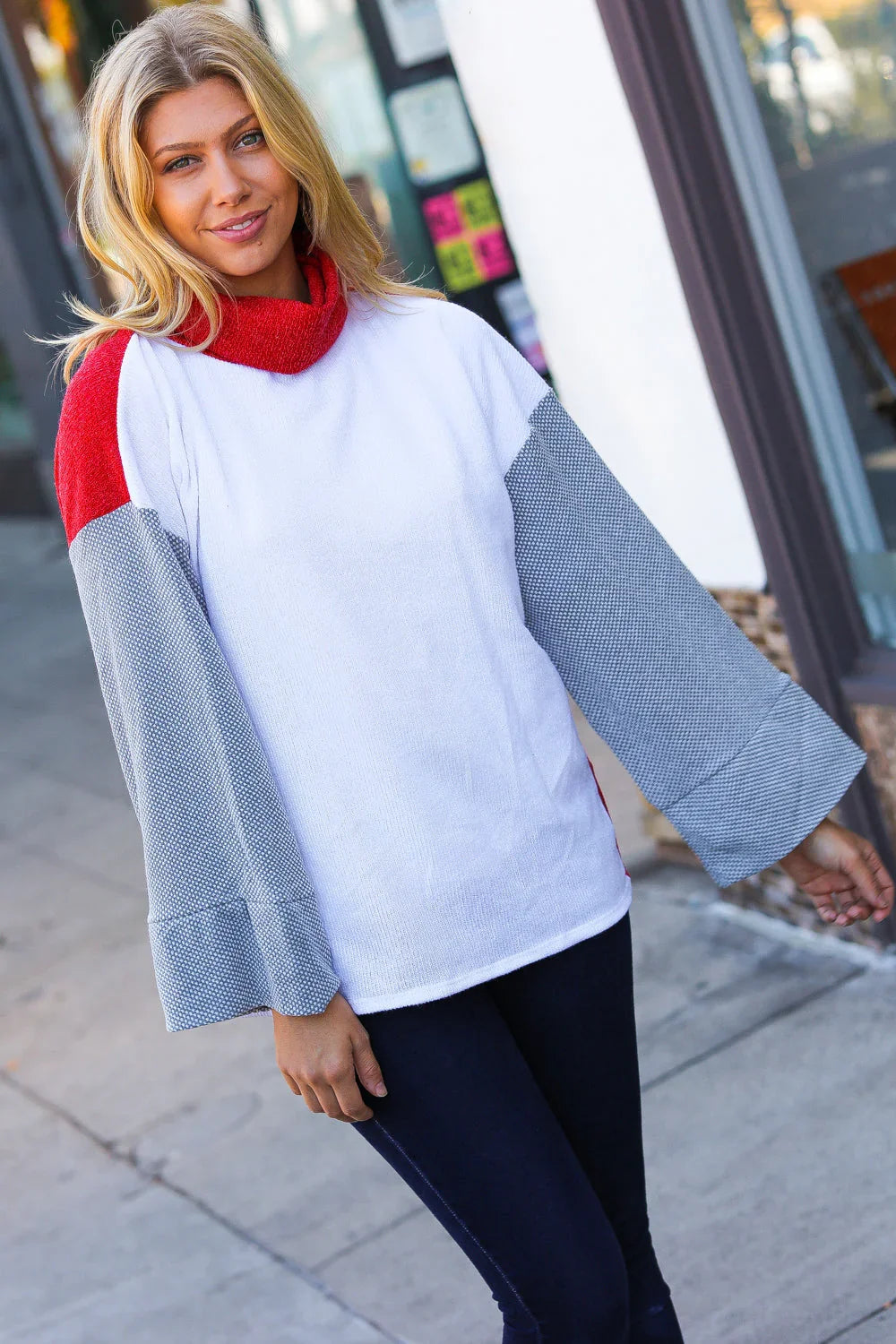 Red/White Hacci Color Block Jacquard Knit Turtleneck | Daverri Fashions