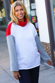 Red/White Hacci Color Block Jacquard Knit Turtleneck | Daverri Fashions