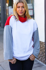 Red/White Hacci Color Block Jacquard Knit Turtleneck | Daverri Fashions