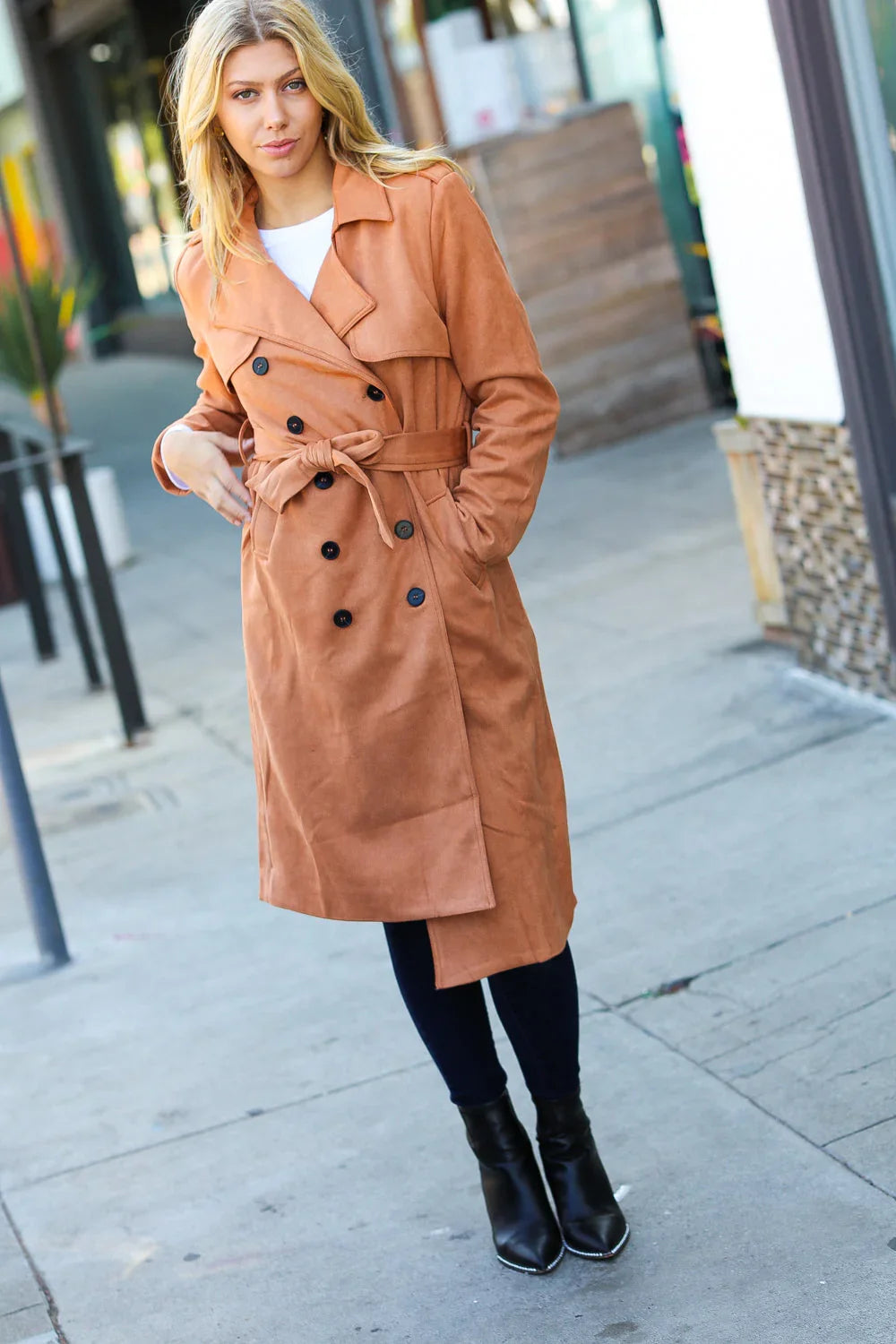 Rust Suede Double Breasted Belted Lined Trench Coat | Daverri Fashions