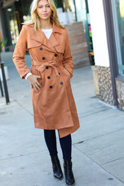 Rust Suede Double Breasted Belted Lined Trench Coat | Daverri Fashions