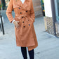 Rust Suede Double Breasted Belted Lined Trench Coat - DAVERRI FASHIONS