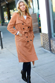 Rust Suede Double Breasted Belted Lined Trench Coat | Daverri Fashions