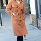 Rust Suede Double Breasted Belted Lined Trench Coat - DAVERRI FASHIONS