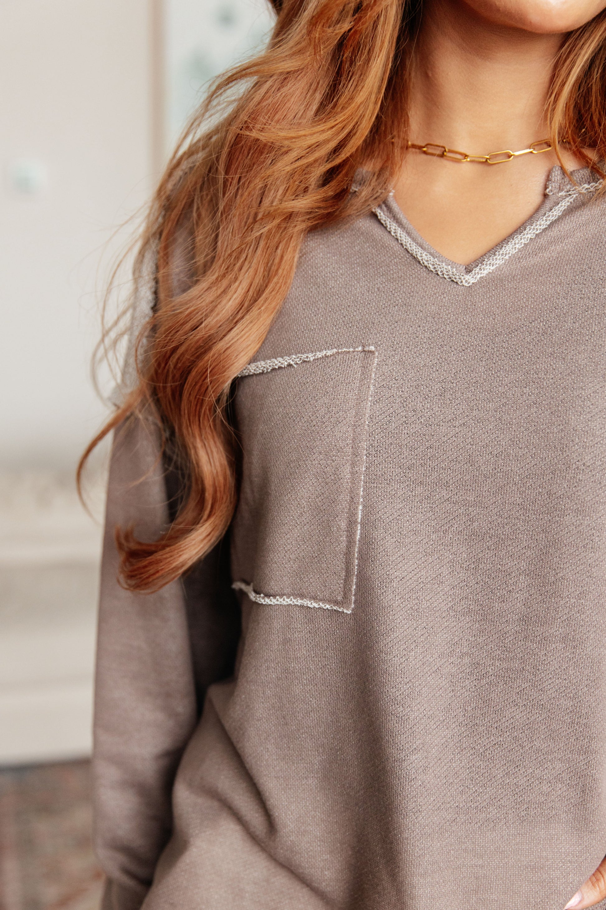 Cozy gray Sew In Love Exposed Seam V-Neck Pullover with silver trim