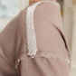 Taupe knit Sew In Love V-neck pullover with off-white lace shoulder seam