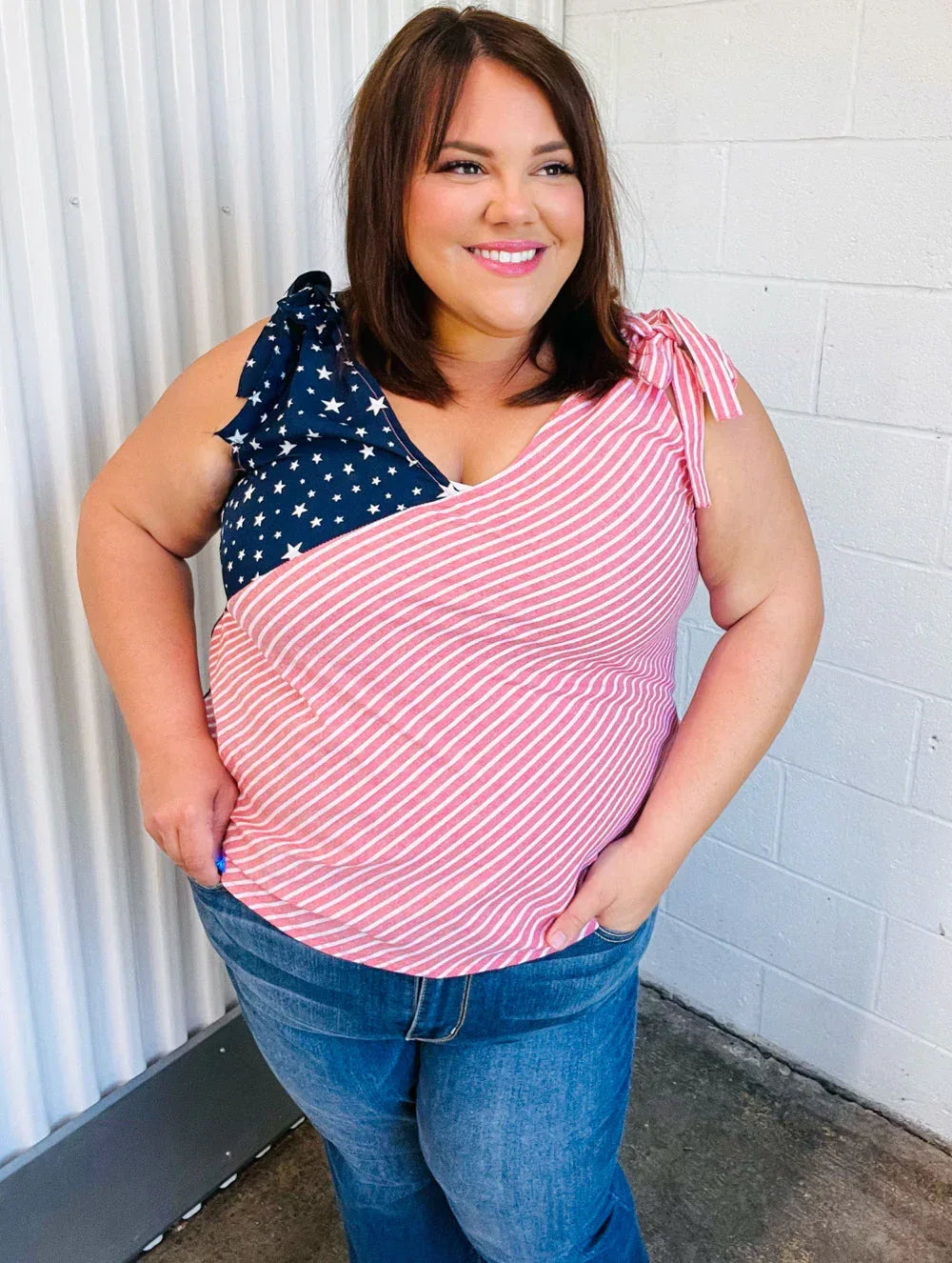 Stars & Stripes V Neck Shoulder Tie Detail Top - DAVERRI FASHIONS