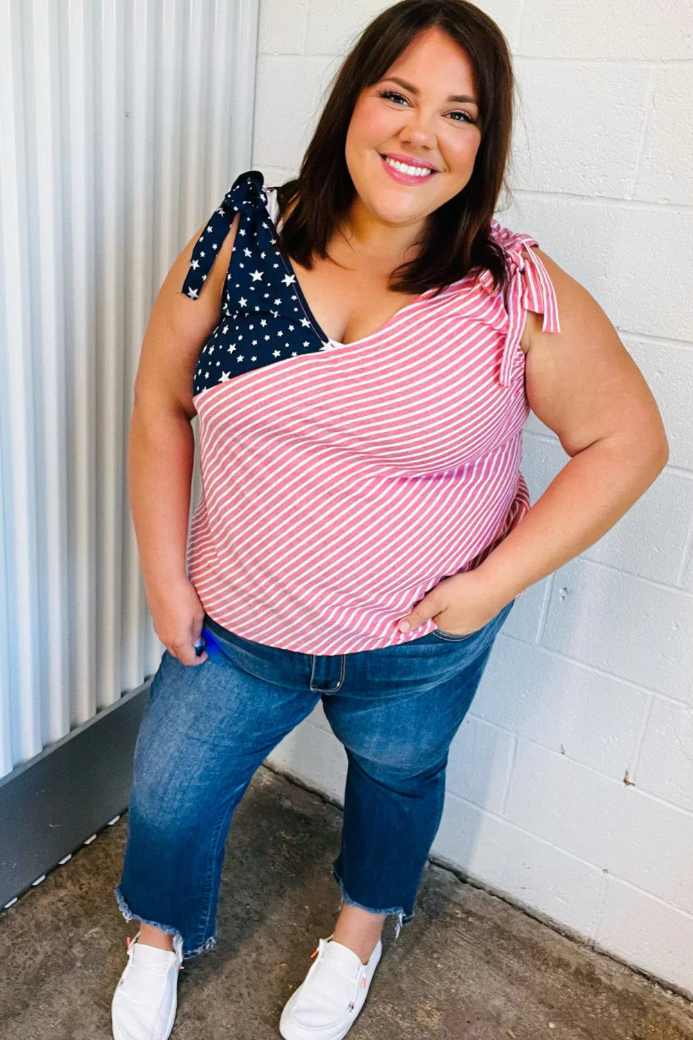 Stars & Stripes V Neck Shoulder Tie Detail Top | Daverri Fashions