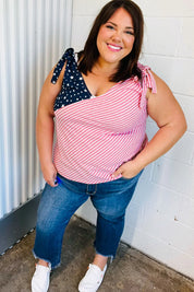 Stars & Stripes V Neck Shoulder Tie Detail Top | Daverri Fashions