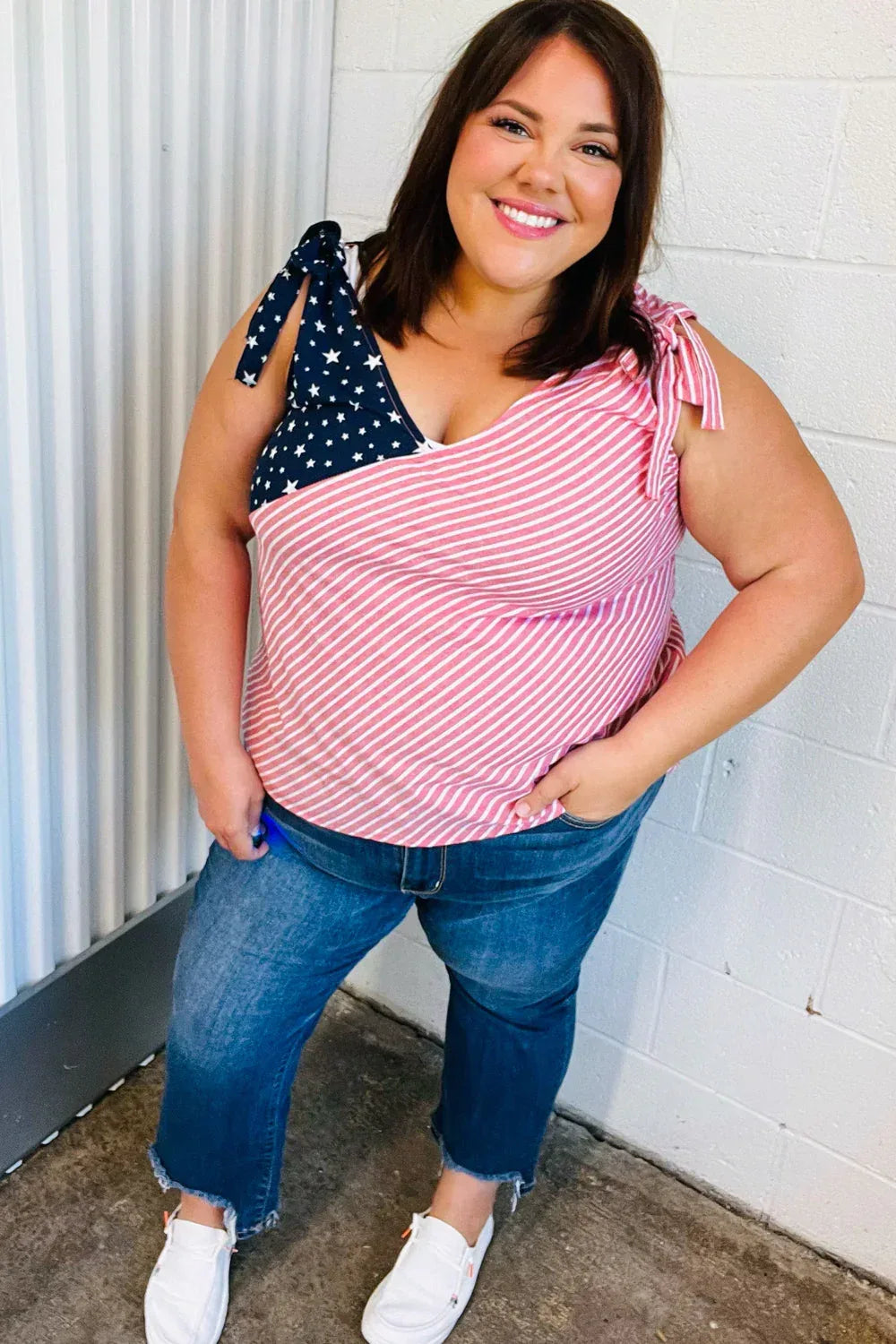 Stars & Stripes V Neck Shoulder Tie Detail Top - DAVERRI FASHIONS