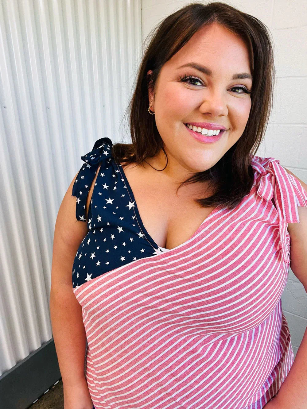 Stars & Stripes V Neck Shoulder Tie Detail Top - DAVERRI FASHIONS