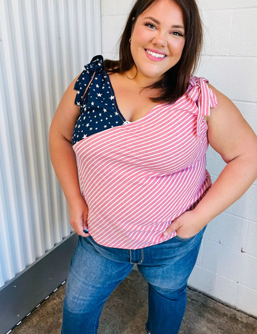 Stars & Stripes V Neck Shoulder Tie Detail Top | Daverri Fashions