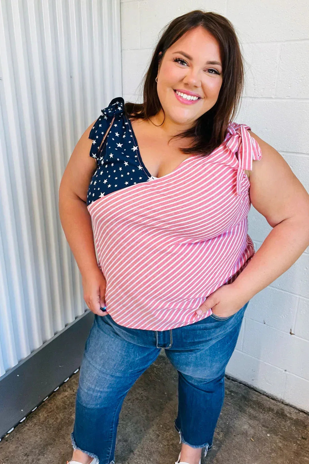 Stars & Stripes V Neck Shoulder Tie Detail Top - DAVERRI FASHIONS