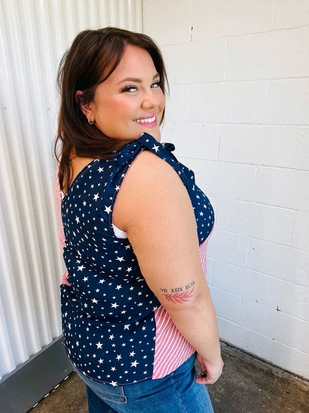 Stars & Stripes V Neck Shoulder Tie Detail Top - DAVERRI FASHIONS