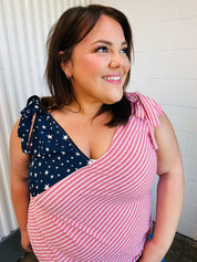 Stars & Stripes V Neck Shoulder Tie Detail Top | Daverri Fashions