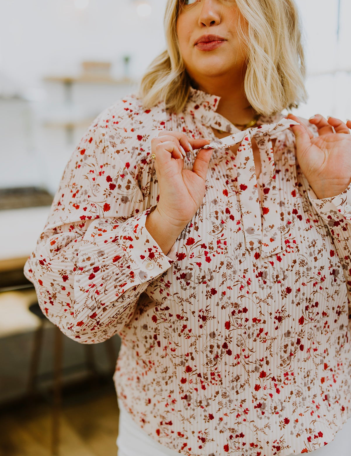 Plus Notched Neck Floral Long Sleeve Blouse Tops