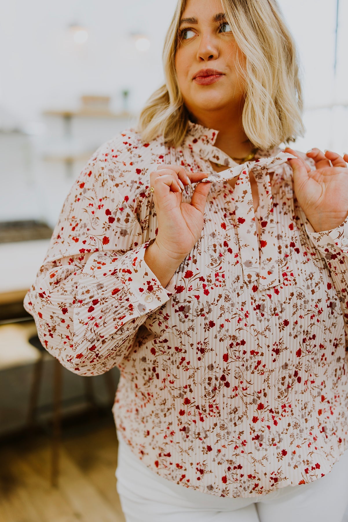 Plus Notched Neck Floral Long Sleeve Blouse Tops