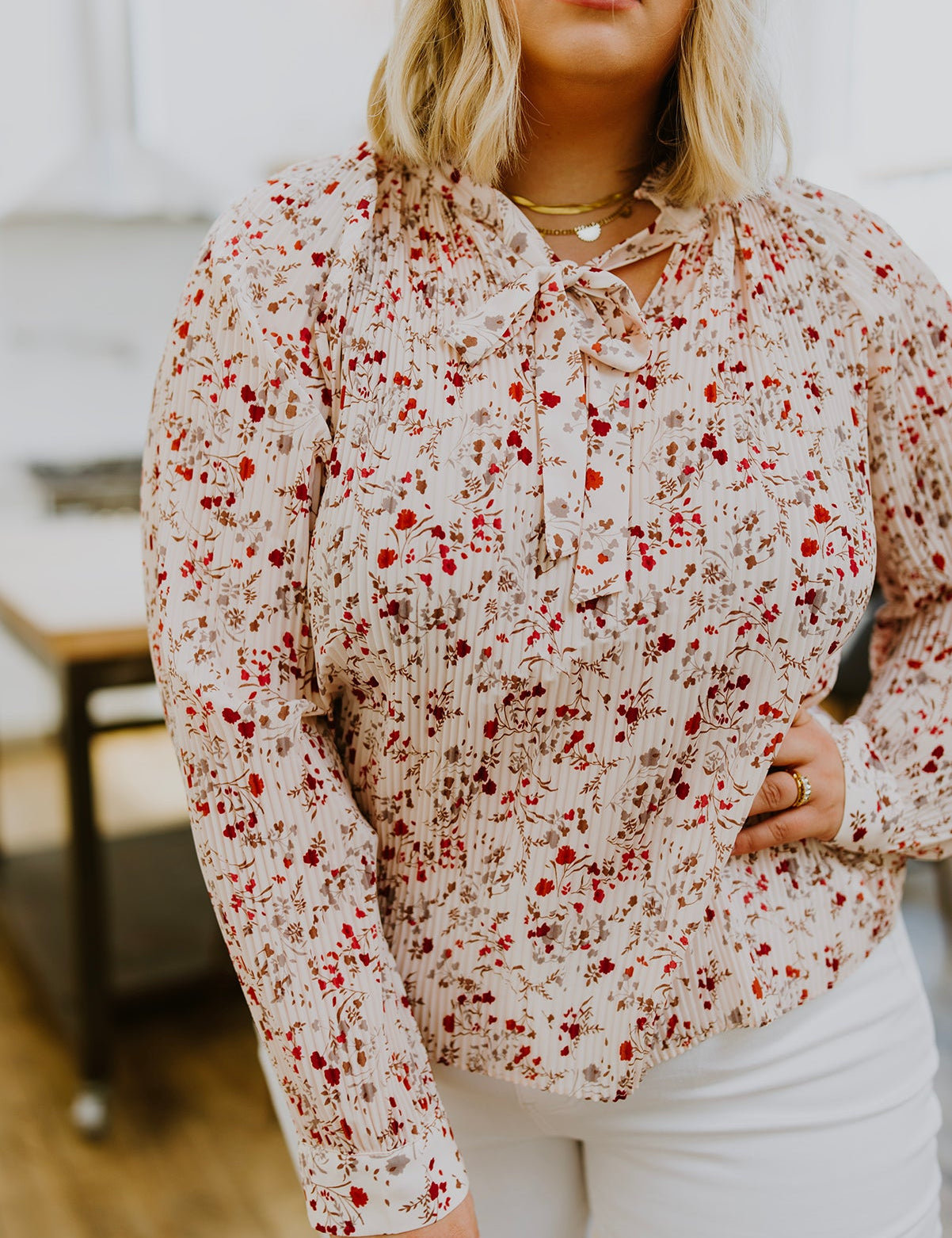 Plus Notched Neck Floral Long Sleeve Blouse Tops