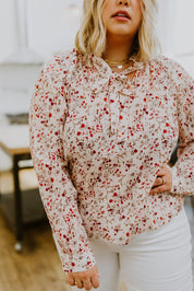 Plus Notched Neck Floral Long Sleeve Blouse Tops