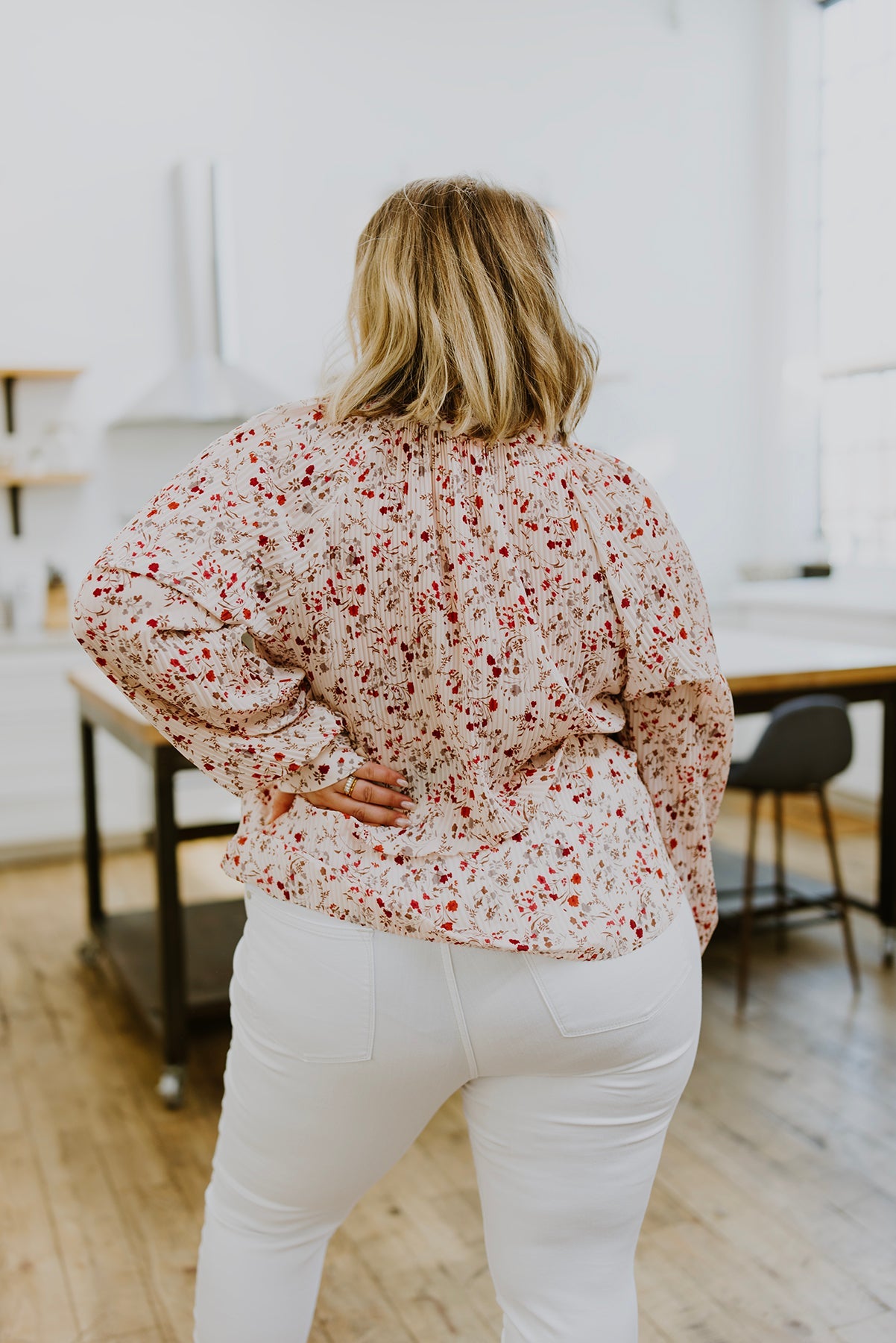 Plus Notched Neck Floral Long Sleeve Blouse Tops