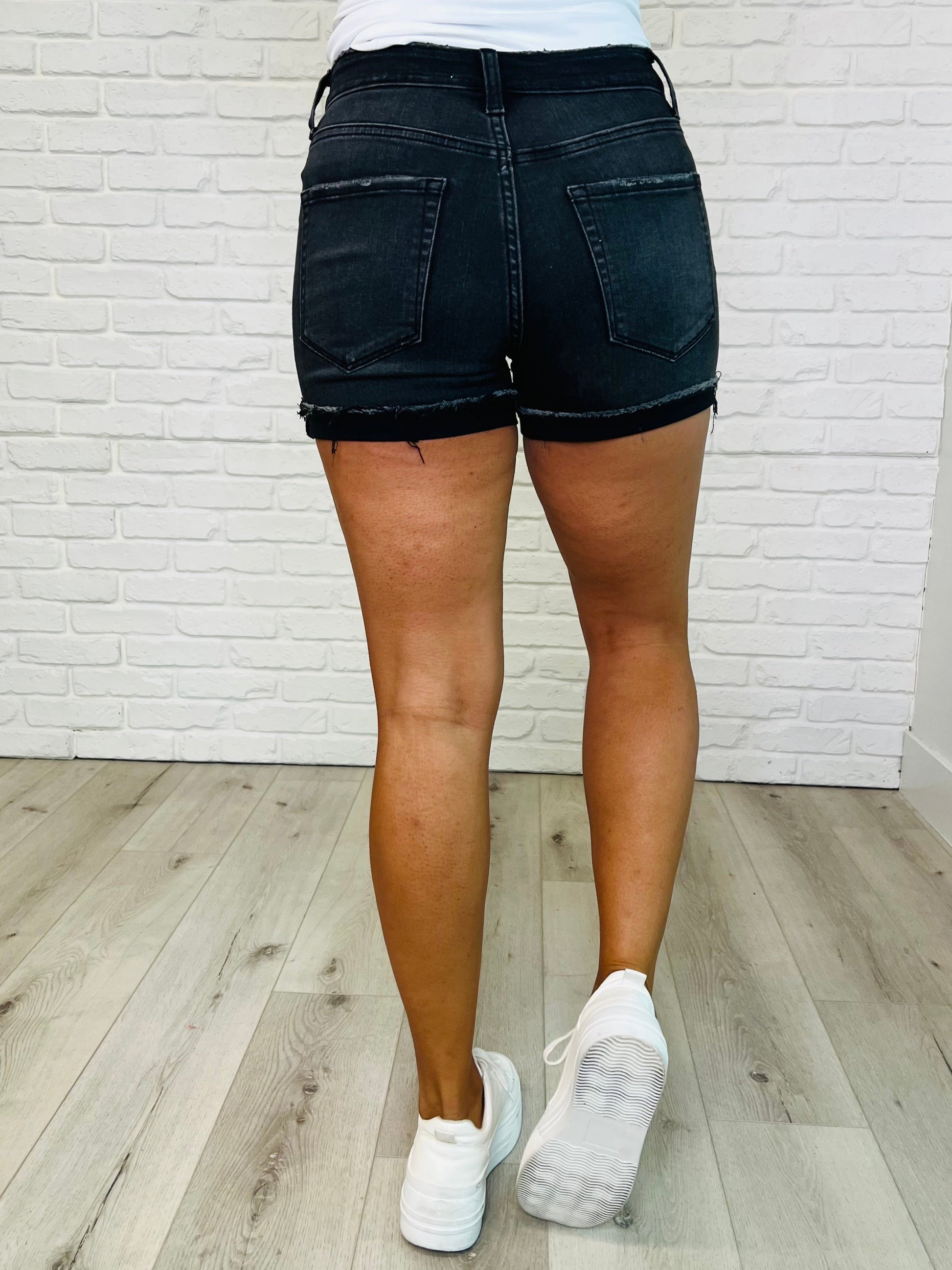 Sunset Stroll Distressed Hem Shorts in Washed Black Denim Shorts