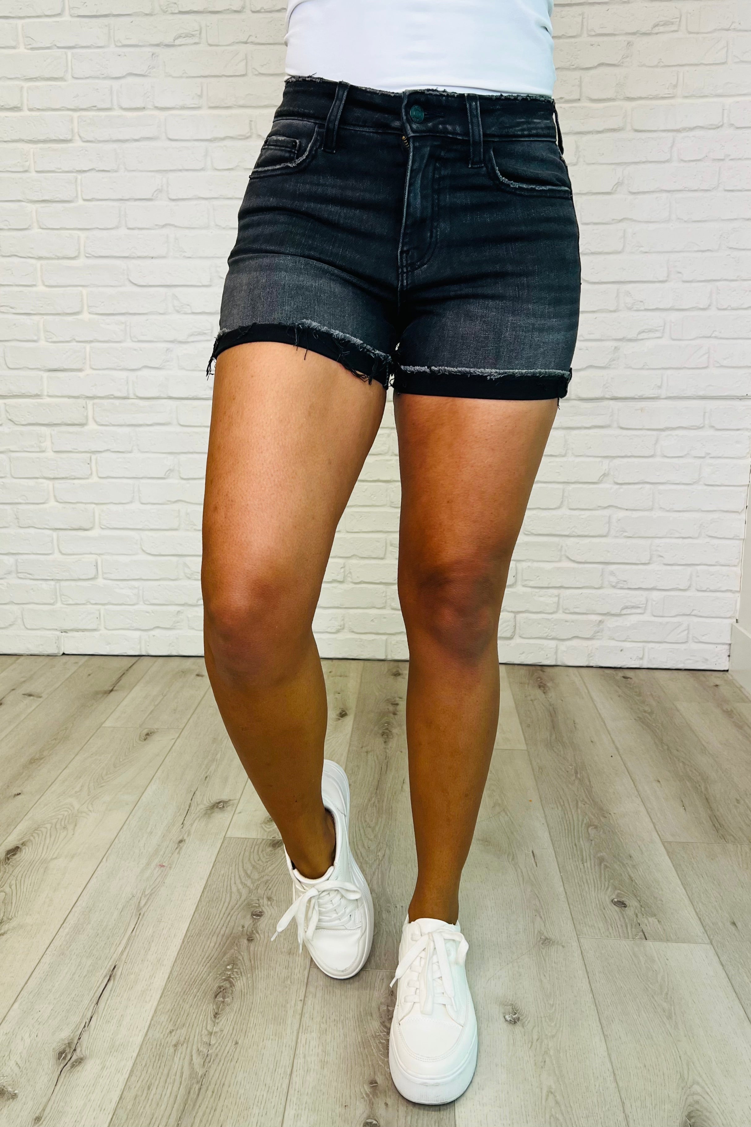 Sunset Stroll Distressed Hem Shorts in Washed Black Denim Shorts