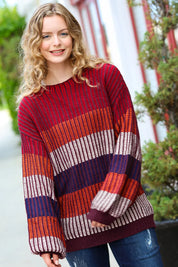 Take All Of Me Burgundy & Navy Stripe Oversized Sweater | Daverri Fashions