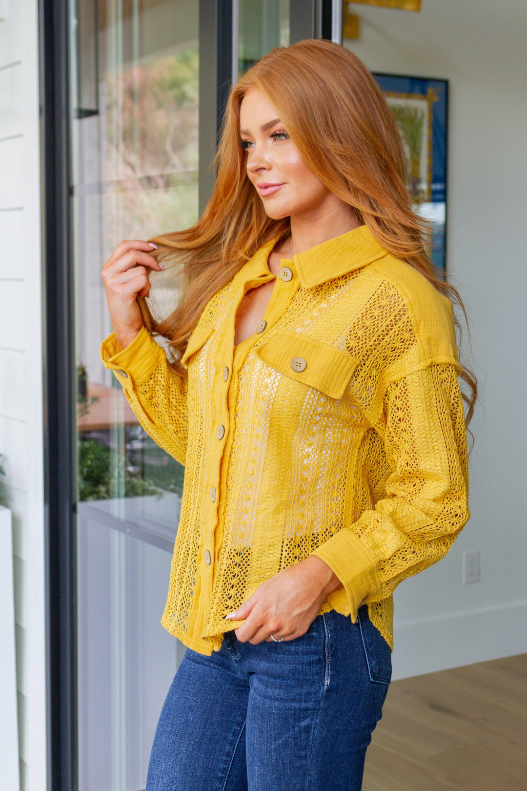 Sweeter Than Nectar Lace Button Down in Honey Tops