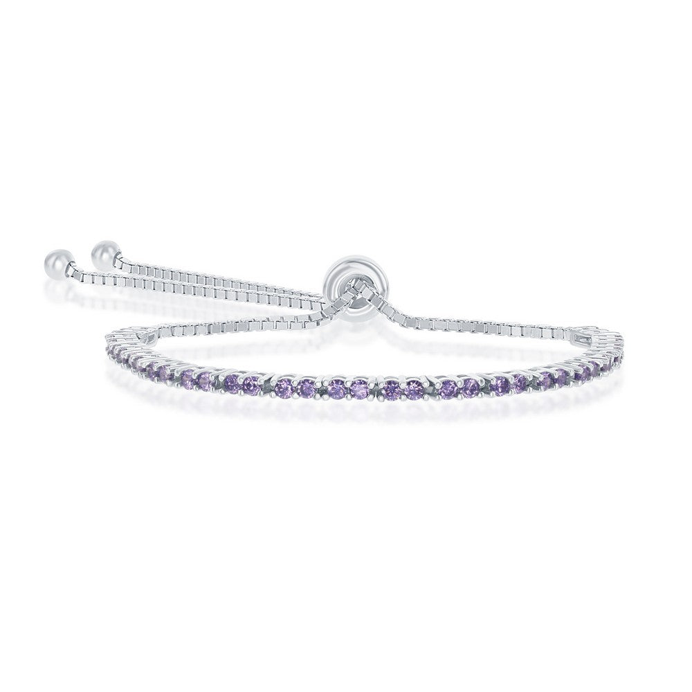 Sterling Silver 2MM Amethyst CZ 'February Birthstone' Tennis Adjustable Bolo Bracelet Bracelets