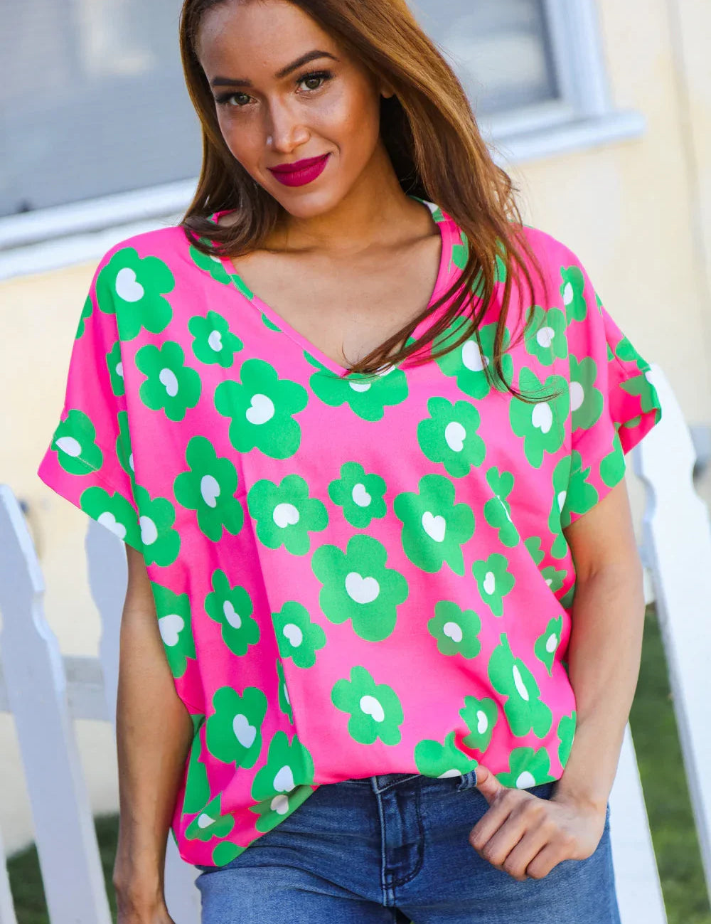 Spring Vibes Pink & Green Flower Print V Neck Short Sleeve Top | Daverri Fashions