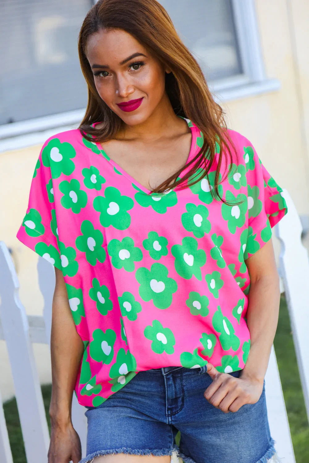 Spring Vibes Pink & Green Flower Print V Neck Short Sleeve Top | Daverri Fashions