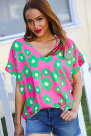 Spring Vibes Pink & Green Flower Print V Neck Short Sleeve Top | Daverri Fashions