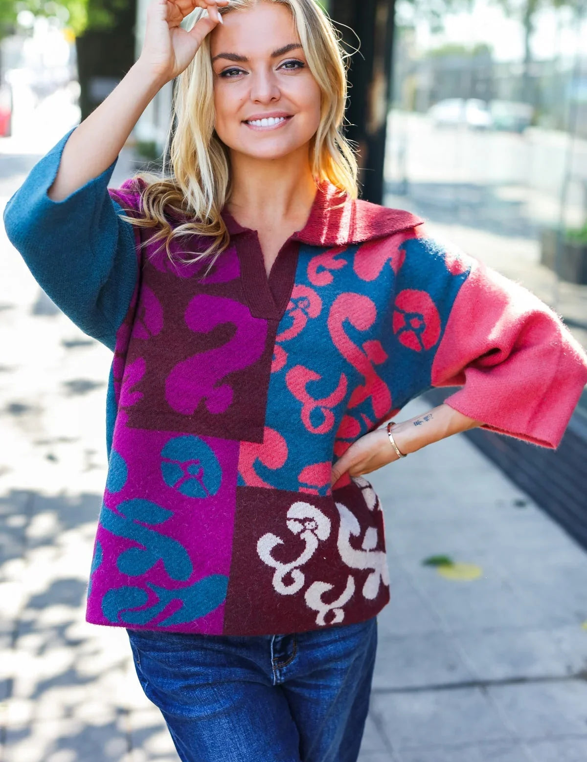 Feeling Your Best Wine Abstract Print Color Block Collar V Neck Sweater | Daverri Fashions