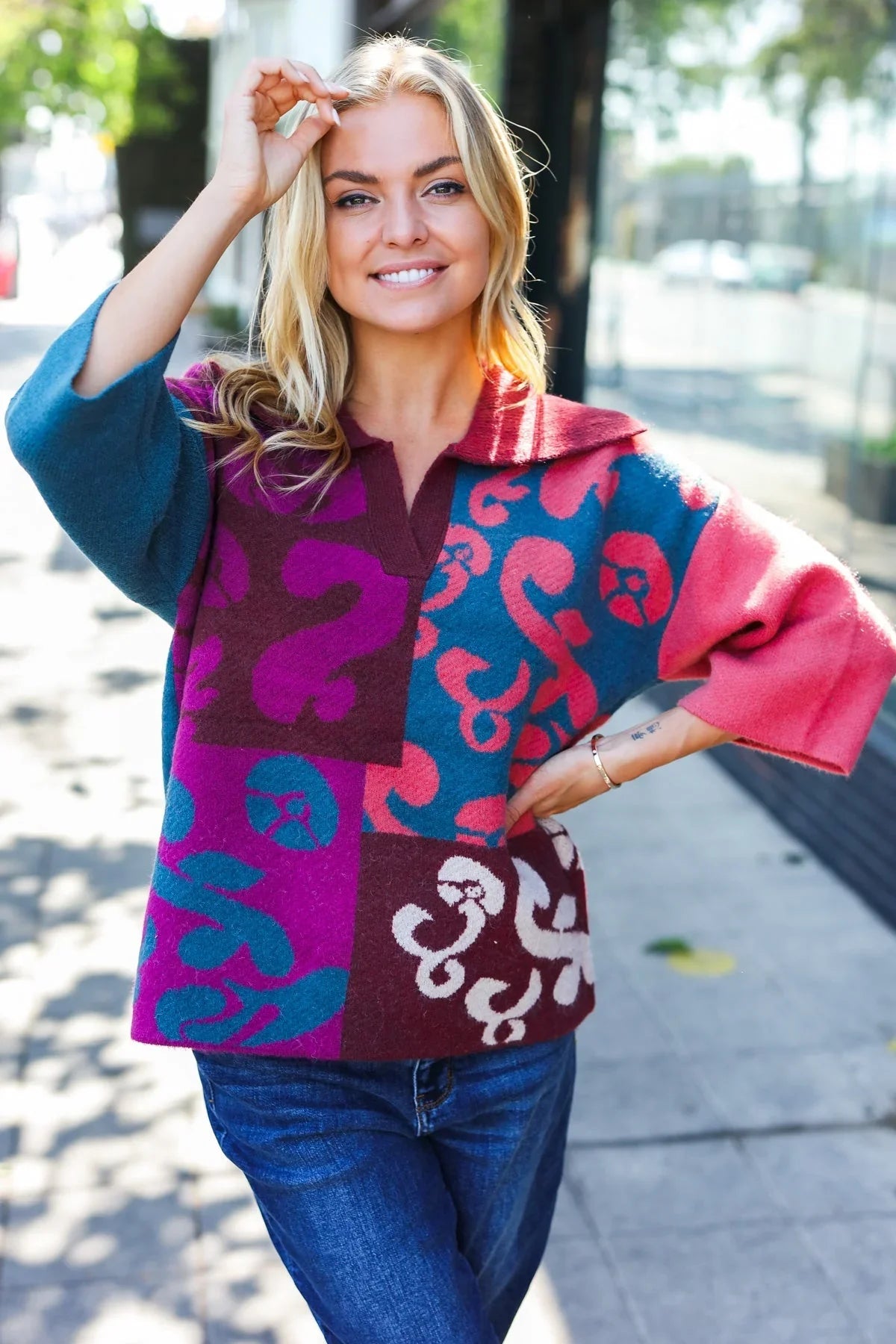 Feeling Your Best Wine Abstract Print Color Block Collar V Neck Sweater | Daverri Fashions