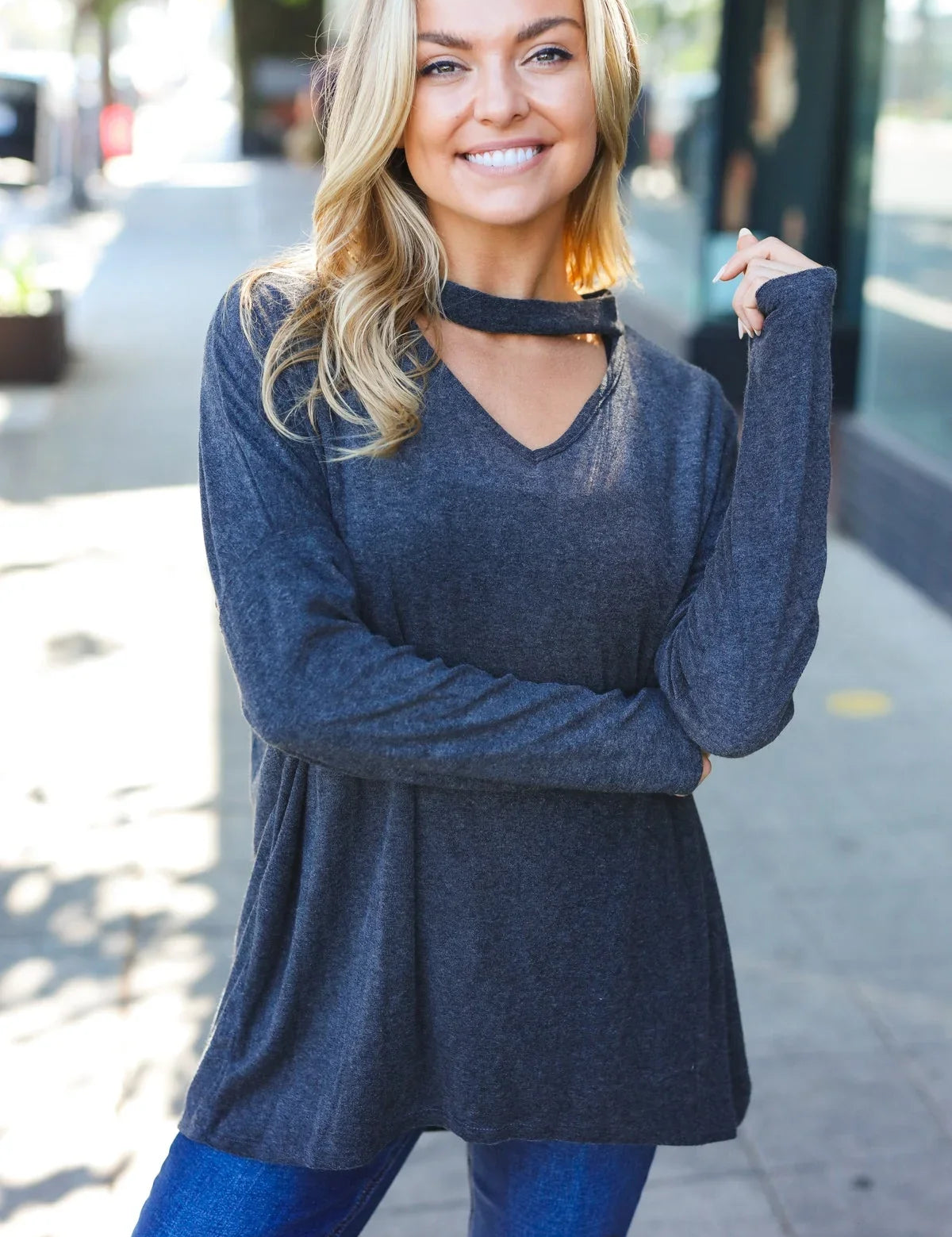 Casual Chic Solid Grey Choker Long Sleeve Hacci Pullover | Daverri Fashions