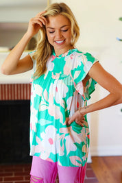 Feeling Joyful Aqua Floral Mock Neck Flutter Sleeve Top | 2024 Summer Blow Out Sale Daverri Fashions
