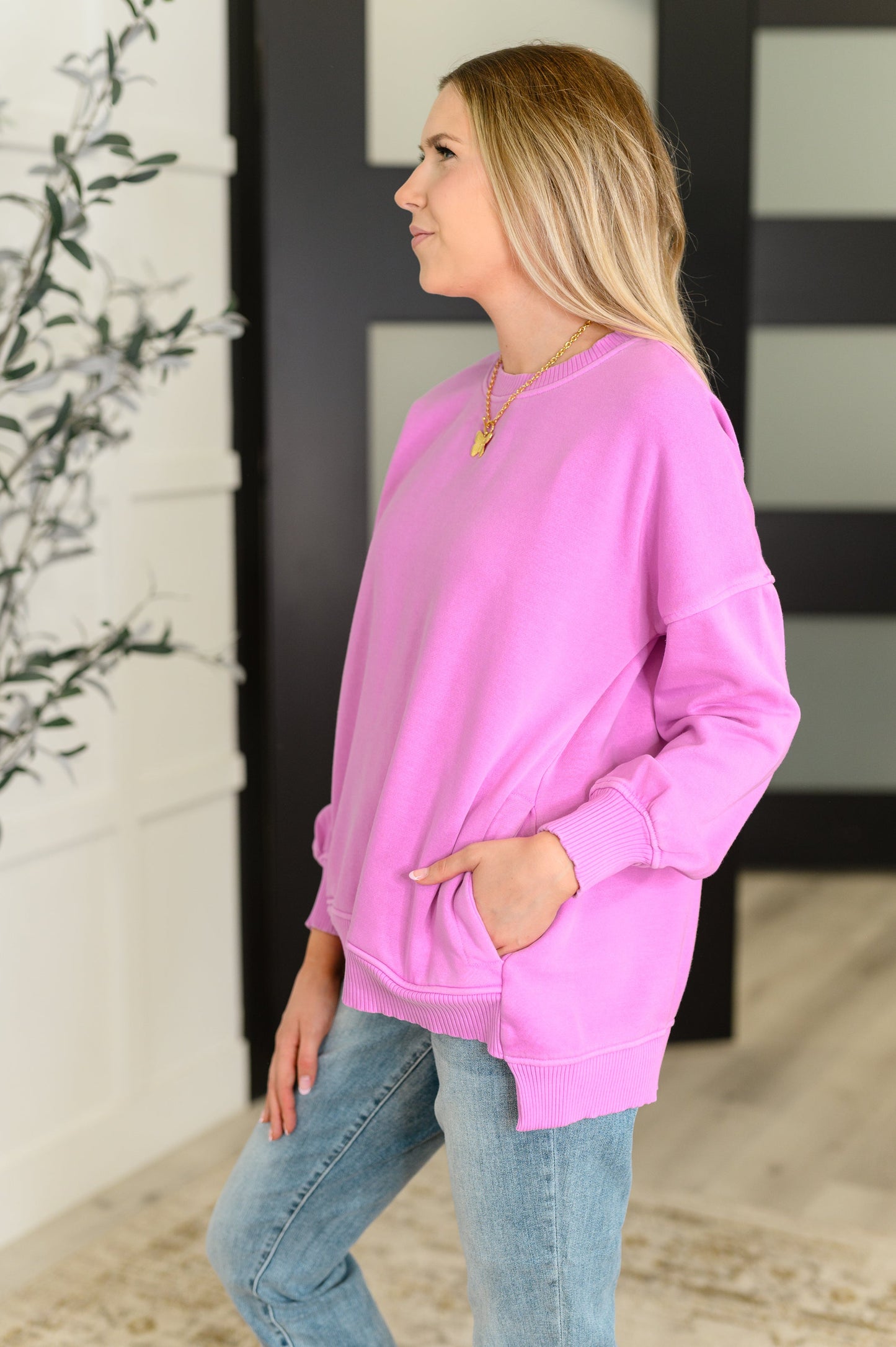 Talk Cozy to Me Stepped Hem Pullover in Bright Mauve