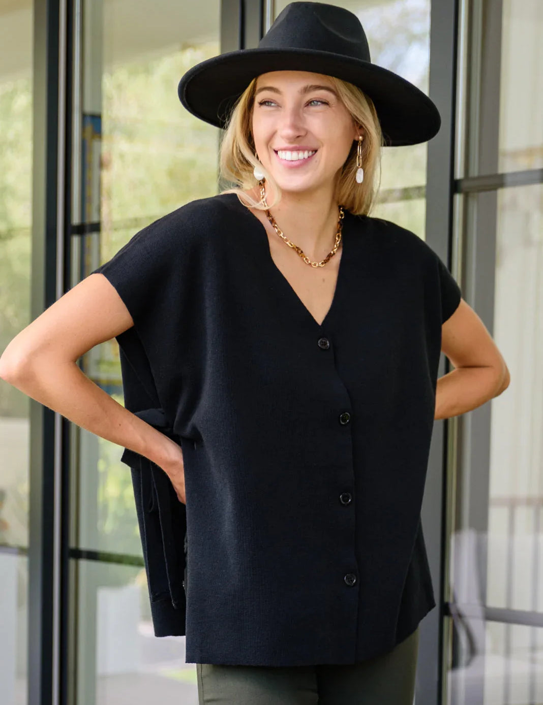 Black wool felt fedora hat with button detail and chain strap