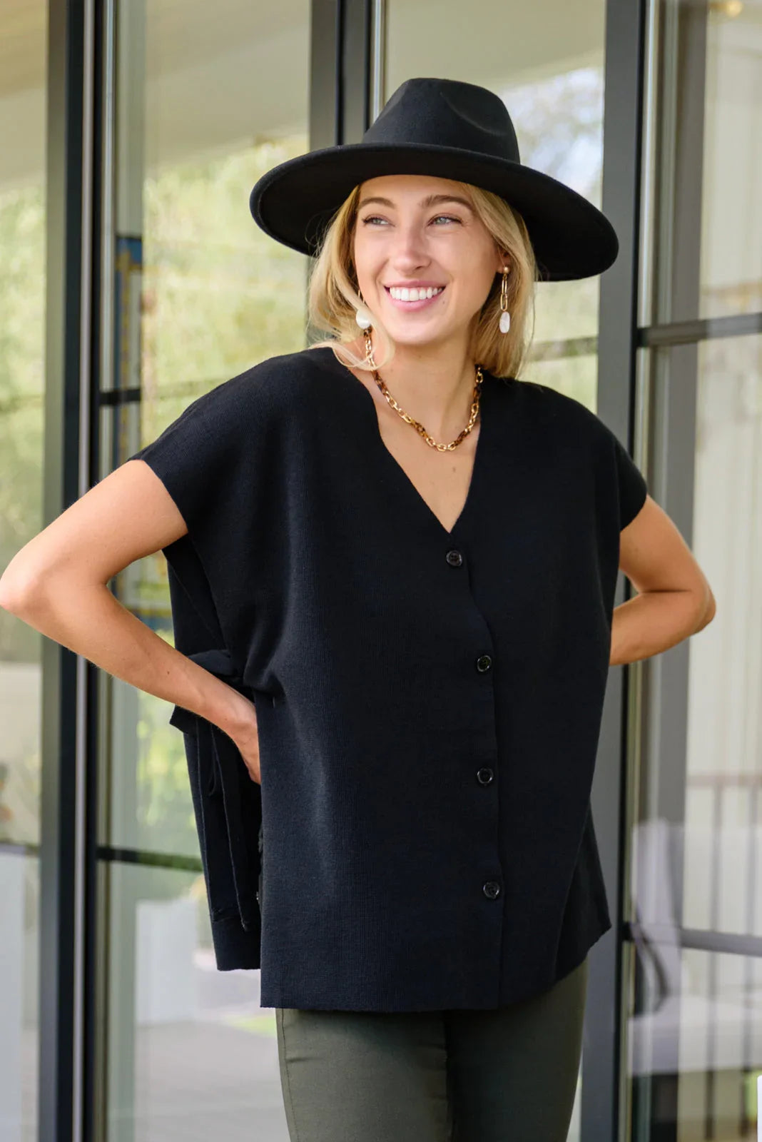 Black wool felt fedora hat with button detail and chain strap