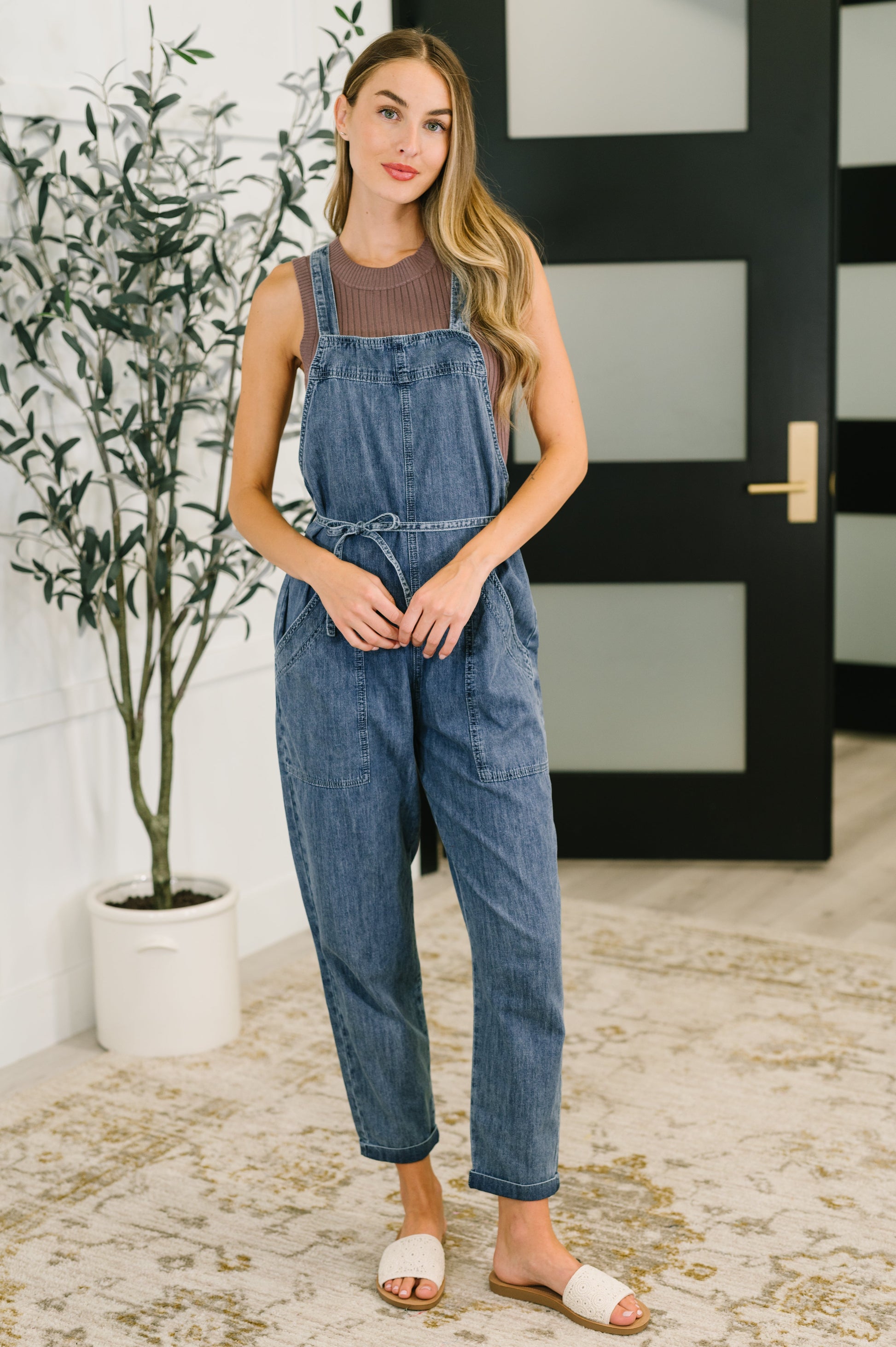 Too Cute to Compute dark blue denim overalls with drawstring waist and front pockets