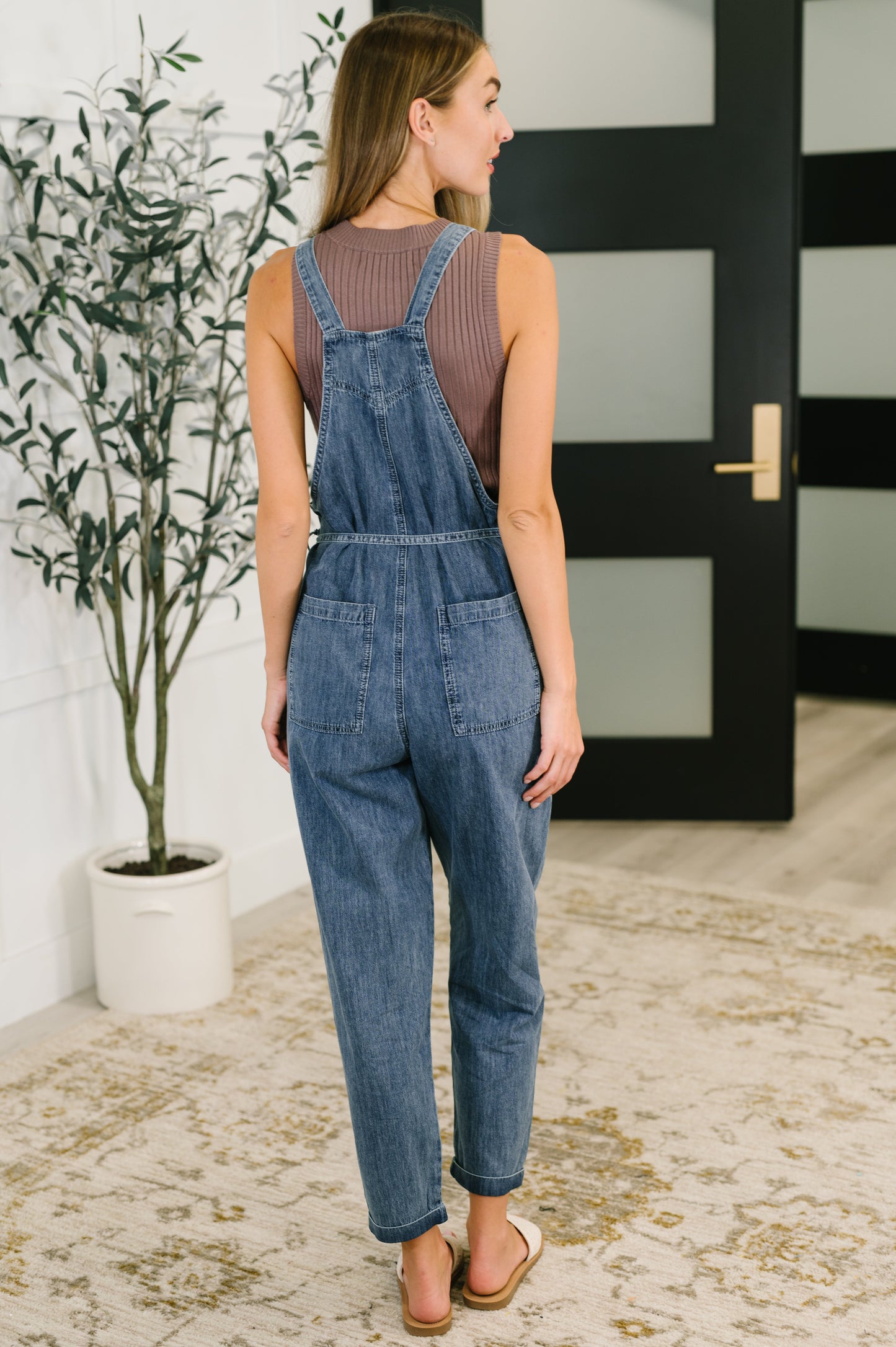 Too Cute to Compute dark blue denim overalls with mauve tank top