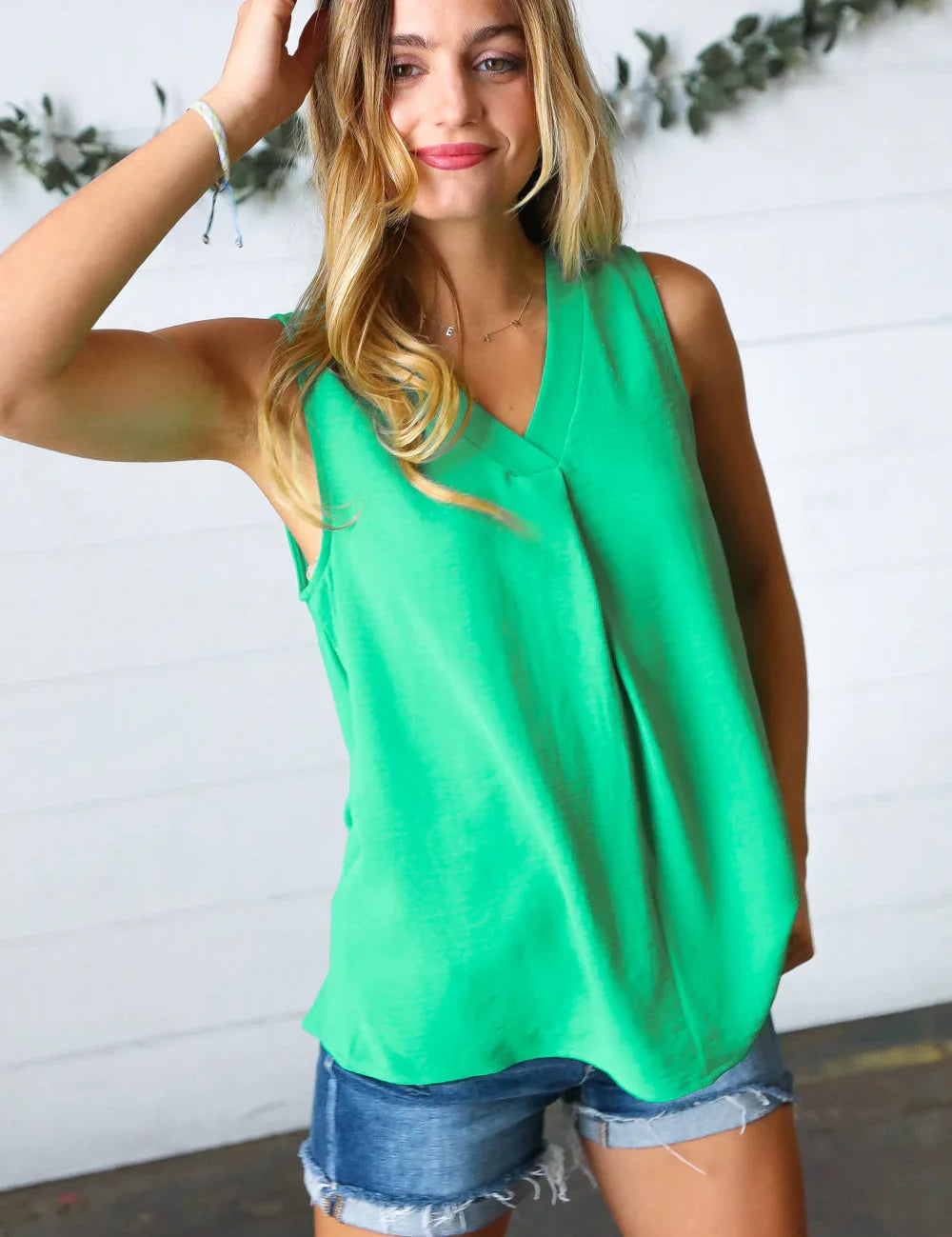 Green Banded V Neck Sleeveless Top | Daverri Fashions