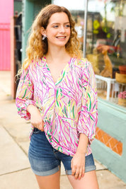 Life's A Party Fuchsia & Yellow Abstract Print V Neck Top | Daverri Fashions